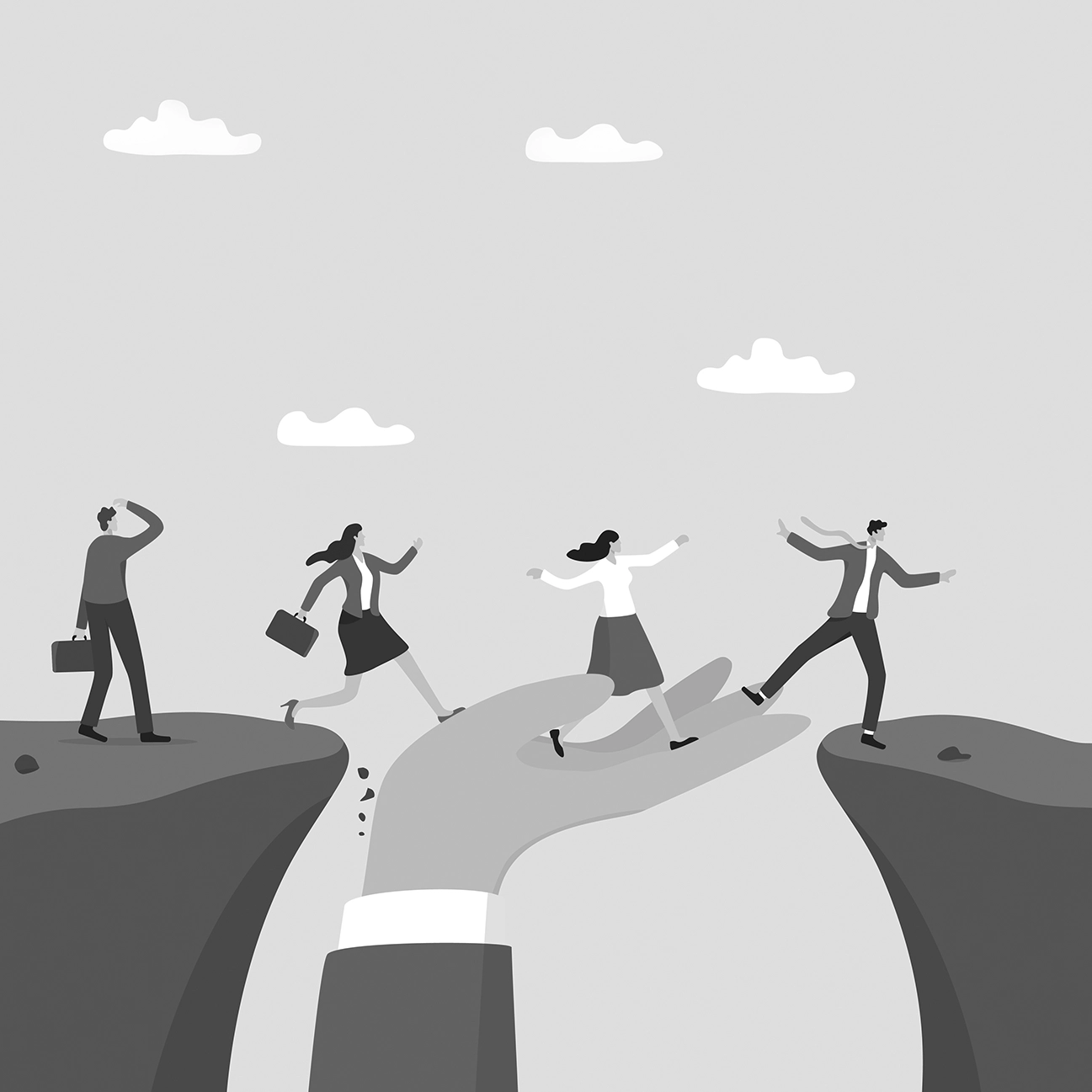 Strategy consulting illustration showing business team crossing gap with collaborative bridge representing Mind Meeting Group