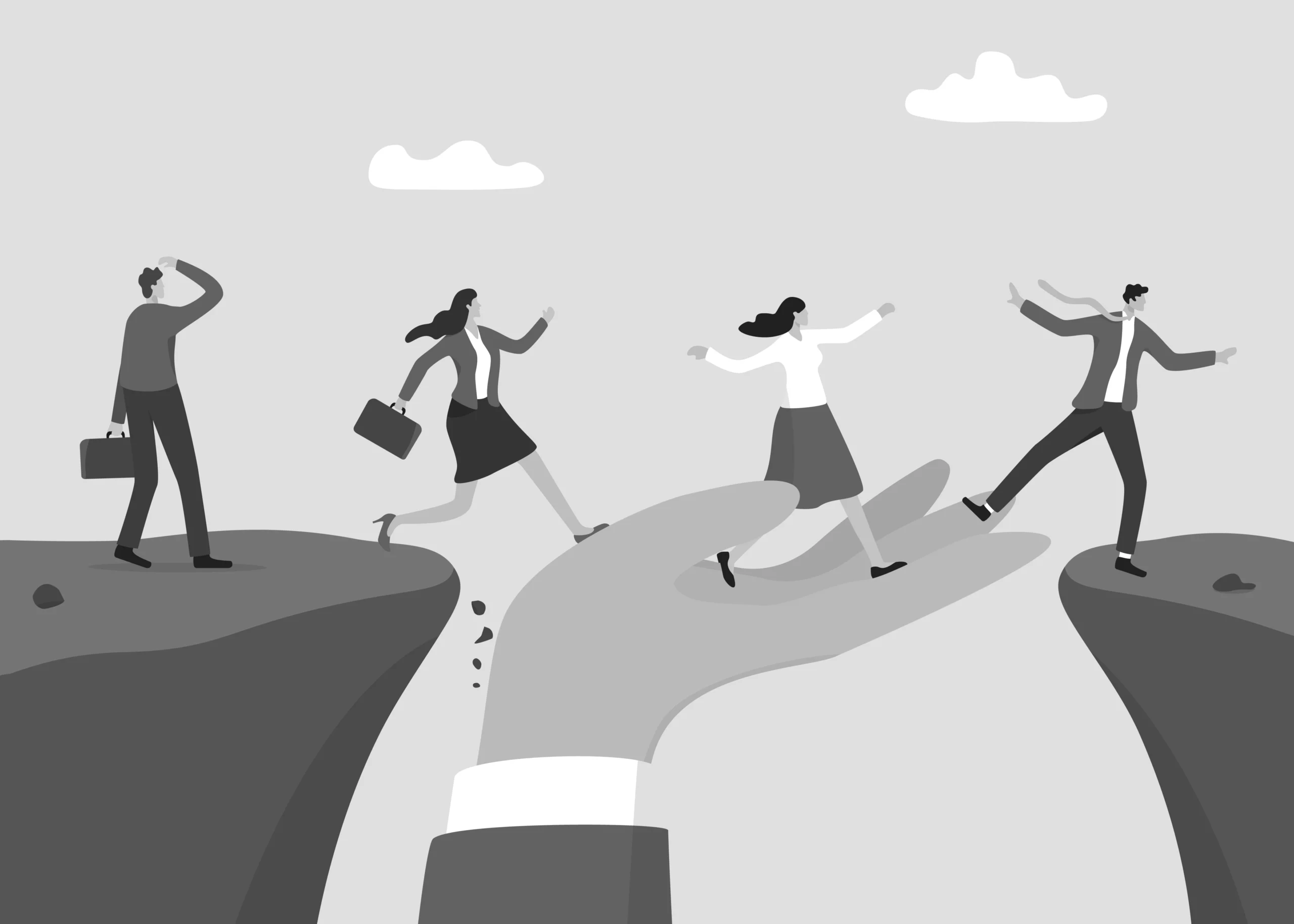 Strategy consulting illustration showing business team crossing gap with collaborative bridge representing Mind Meeting Group