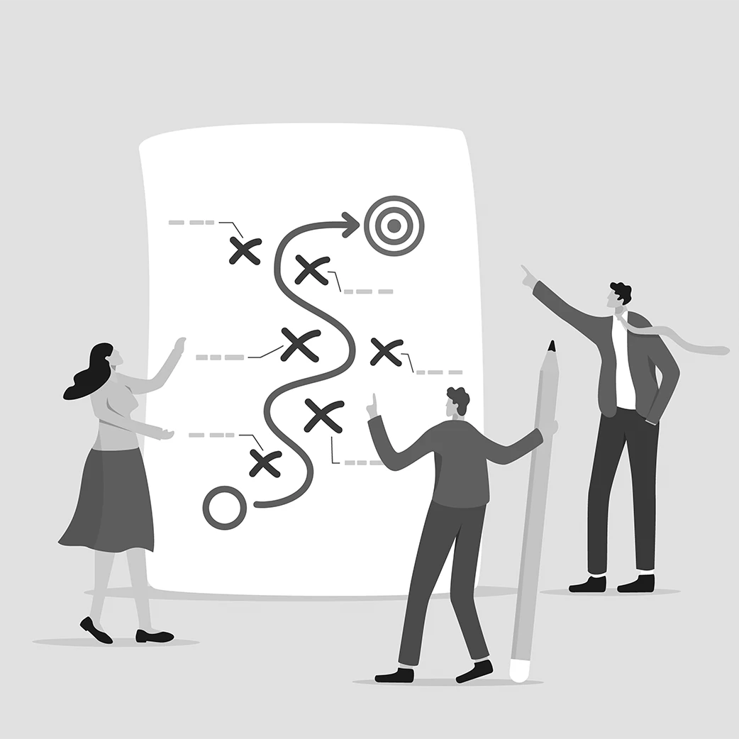 Illustrated business collaboration scene showing three diverse professionals working together on strategic planning with visual elements including targeting symbols, process flows, and success indicators