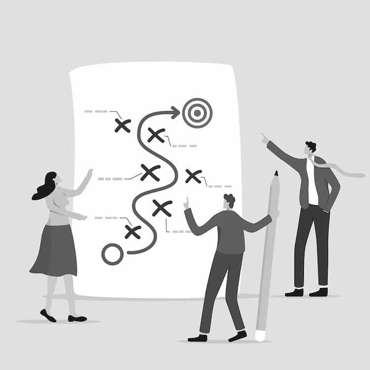 Illustrated business collaboration scene showing three diverse professionals working together on strategic planning with visual elements including targeting symbols, process flows, and success indicators