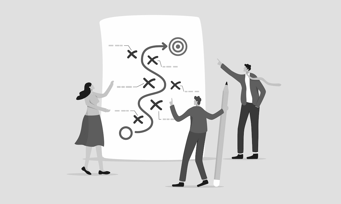 Illustrated business collaboration scene showing three diverse professionals working together on strategic planning with visual elements including targeting symbols, process flows, and success indicators